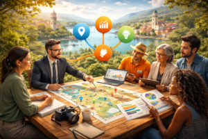 planejamento do desenvolvimento de destinos turísticos com profissionais analisando mapa de uma cidade