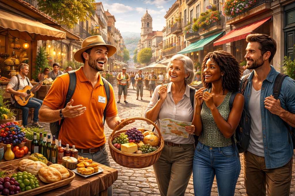 roteiro turístico em cidade histórica com guia conduzindo visitantes por experiências culturais e gastronômicas